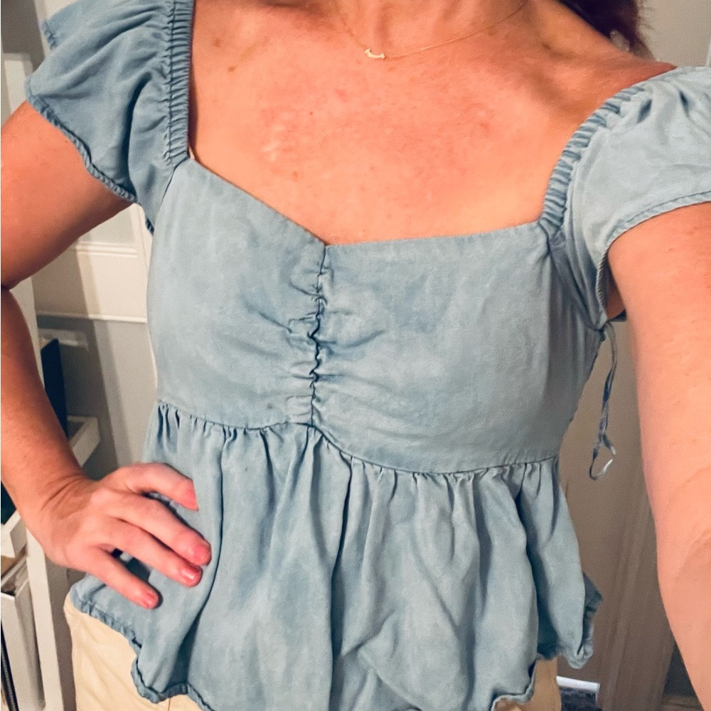 Lone Star Pride Chambray Ruched Peplum Blouse